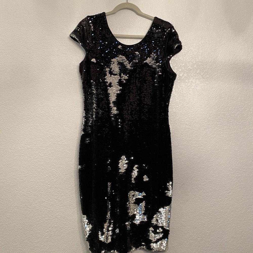 Sequin sheath dress cap sleeve flip / reverse BNWT
